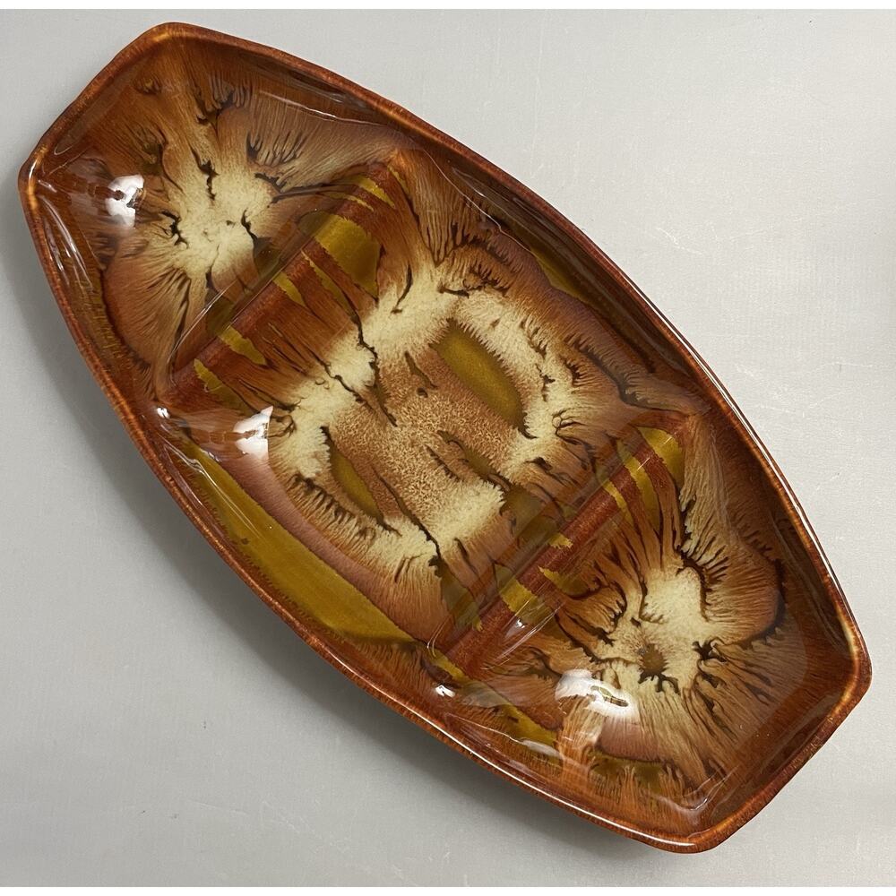 Retro Dryden Pottery Divided Dish Brown Orange‎ Yellow Console Serving Dish USA